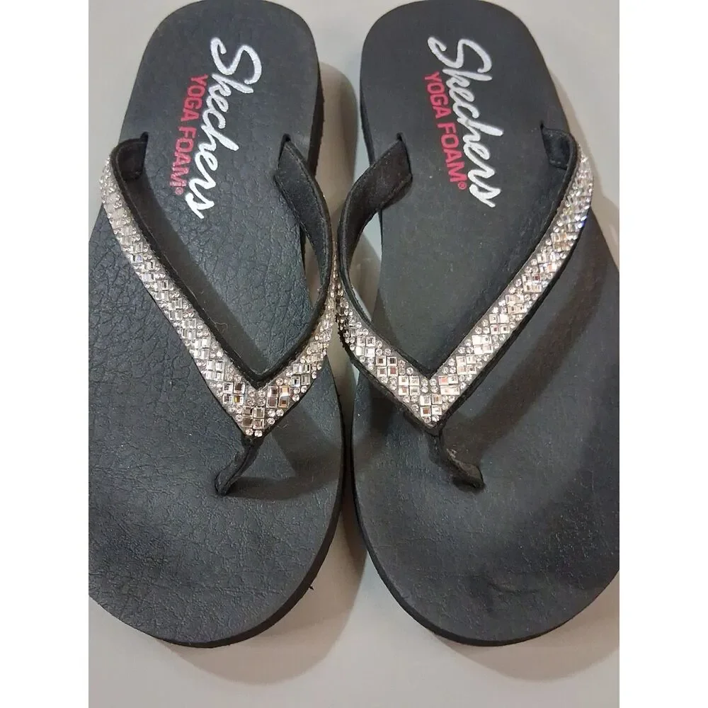 Skechers Womens Meditation Rhinestone Yoga Foam Flip Flop Sandals Black Size 6